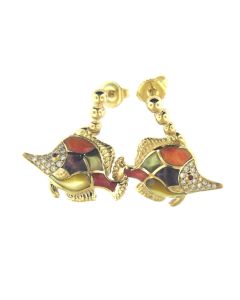 14K Yellow Gold Mix Spiny Fish Earrings with Diamonds and Ruby designed by Kabana for St Maarten-Majesty Jewelers 